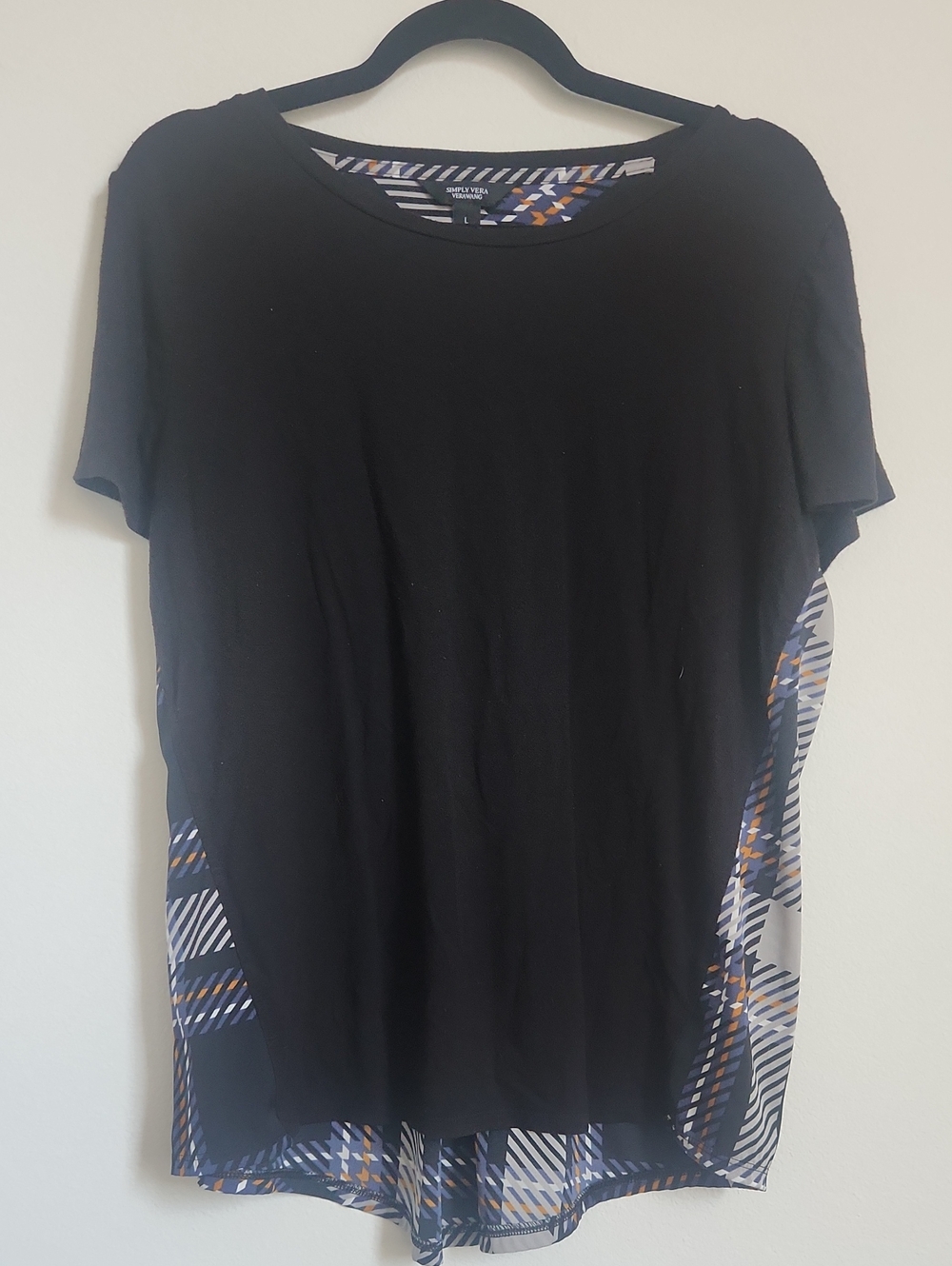 Simply Vera Vera Wang Black Short-Sleeve Top with Plaid Back Detail